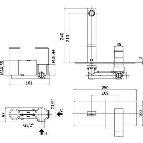 Paffoni Elys Mitigeur Lavabo à Encastrer Avec Bec Et Mousseur M24x1- L. 240 Millimètres 4 Paffoni Elys Mitigeur Lavabo à Encastrer Avec Bec Et Mousseur M24x1- L. 240 Millimètres – Image 2