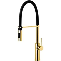 Mitigeur Haut Pour évier De Cuisine Paffoni Light Exclusive Edition. Laiton Avec Finition Honey Gold Et Douche En ABS De Couleur Noir Mat